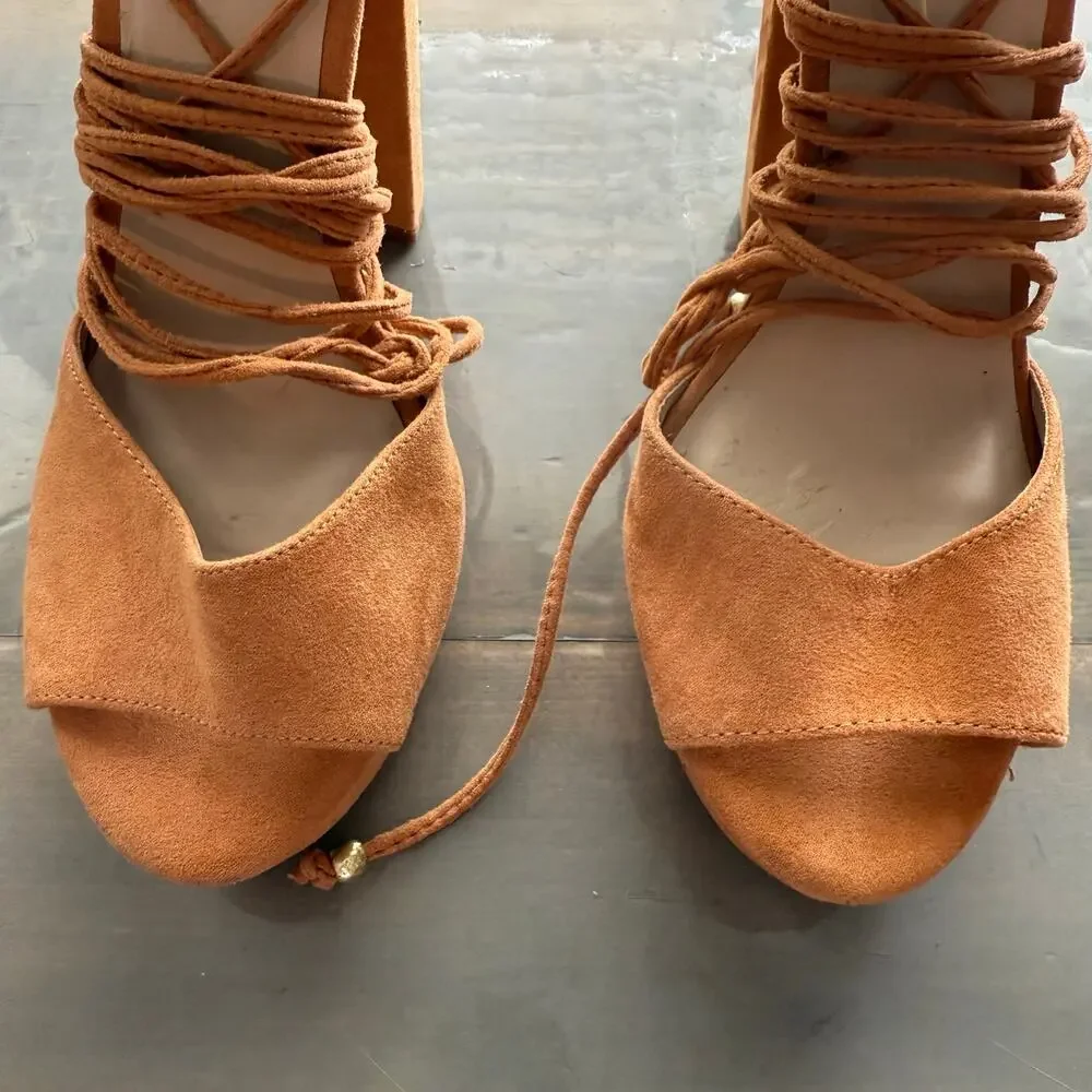 Nicole by Nicole Miller Camel Open Toe Sophia Block Heel Wedges Sz 8.5